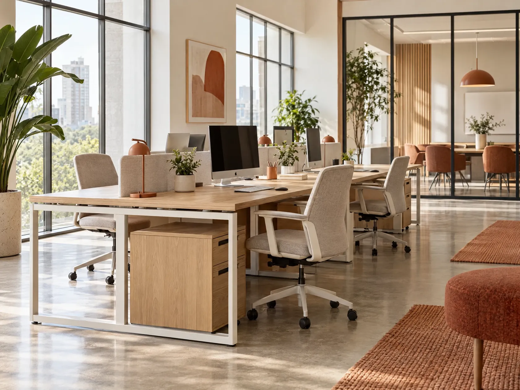 Spotless open-plan office with tidy workstations after a commercial cleaning visit