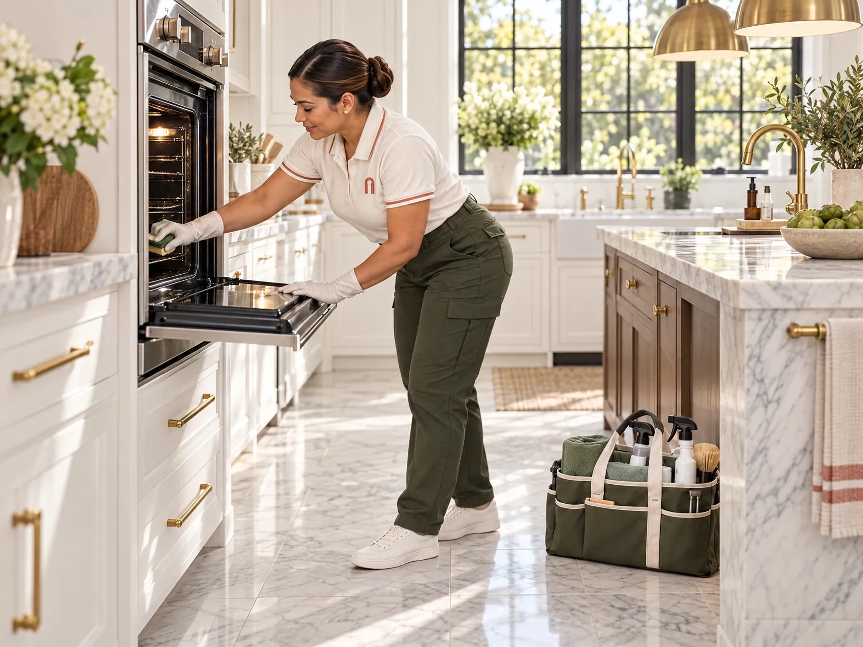 Ana's Maid team member deep cleaning inside the oven of a luxury kitchen
