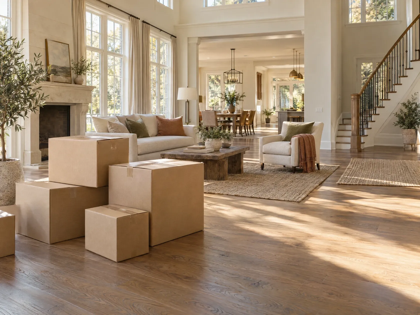 Large, light-filled home with stacked moving boxes on the day of a move