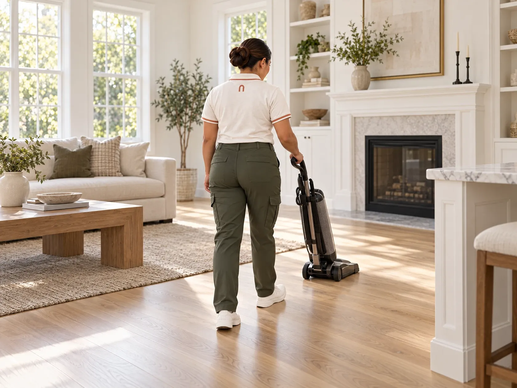 Ana's Maid team member in uniform vacuuming a newly renovated space after construction