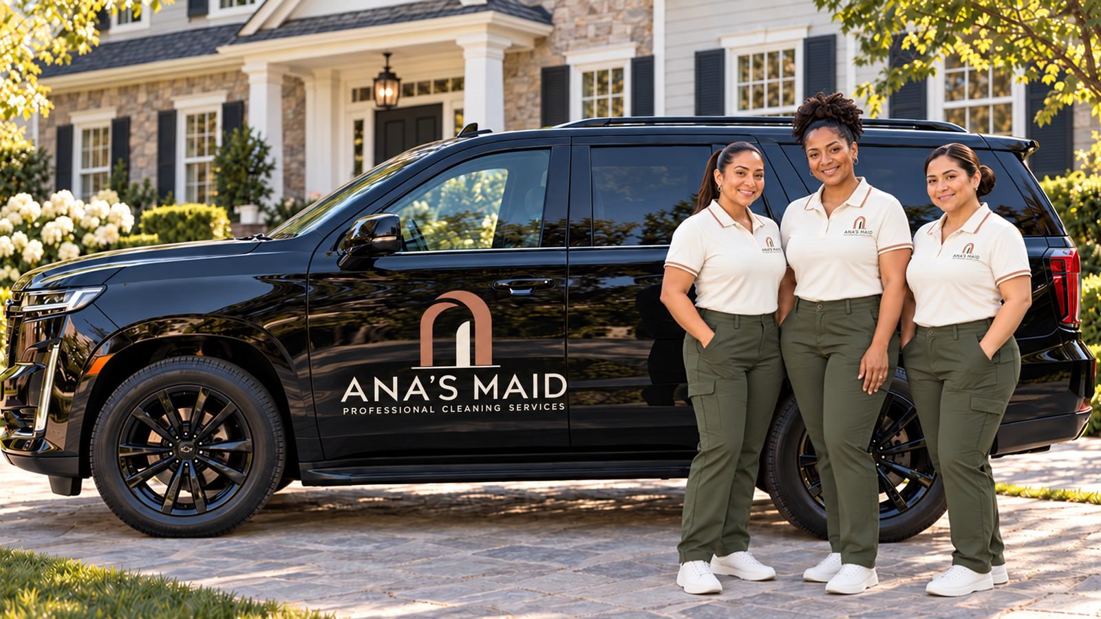 Three Ana's Maid team members in ivory and deep olive uniforms standing beside the marked Ana's Maid SUV, in front of a New Jersey home